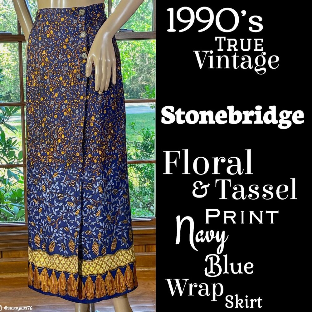 ⭐️HP⭐️VTG▪️STONEBRIDGE▪️90's Floral & Tassel Print Navy Blue Maxi Wrap Skirt